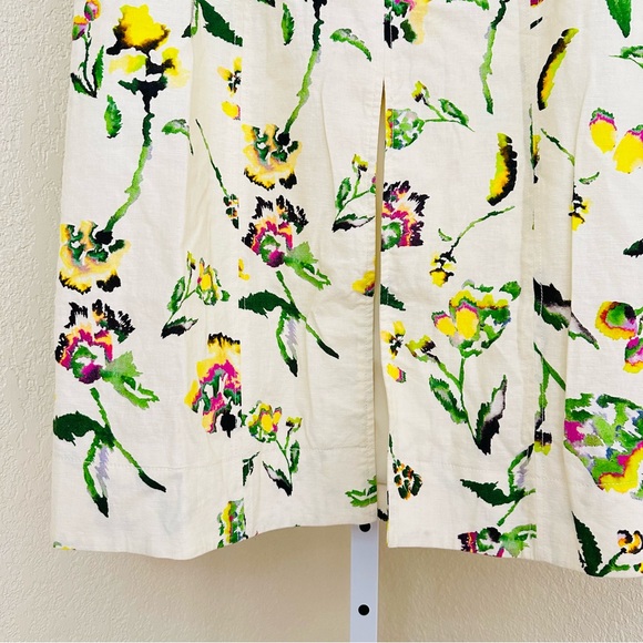 Tanya Taylor Floral Midi Skirt Size 10 Linen Blend Front Slit Belted Cream Ivory - Picture 4 of 8